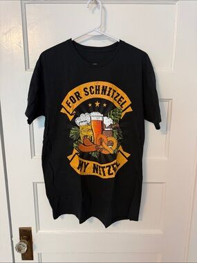 Black Graphic Tee with Orange Beer & Pretzel Design